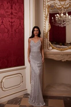 Marsia Silver Sequins Cowl Neck Mermaid Gown