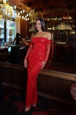 Damsel Beaded Off Shoulder Red Gown -A L’Amour The Label ADORIA 78