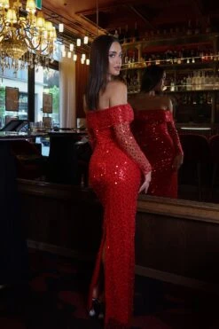Damsel Beaded Off Shoulder Red Gown -A L’Amour The Label ADORIA 81
