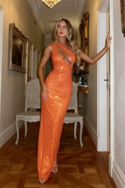 Mara Deep Plunge Sequins Orange Gown -A L’Amour The Label emily55