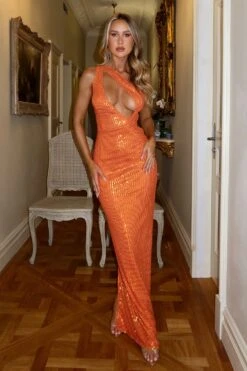 Mara Deep Plunge Sequins Orange Gown -A L’Amour The Label emily56