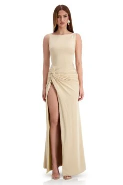 Kehlani Boat Neck Knot Slit Beige Gown -A L’Amour The Label kehlani 1