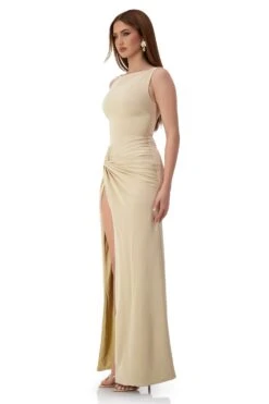 Kehlani Boat Neck Knot Slit Beige Gown -A L’Amour The Label kehlani 2