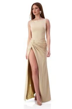 Kehlani Boat Neck Knot Slit Beige Gown -A L’Amour The Label kehlani 4