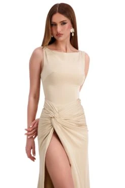 Kehlani Boat Neck Knot Slit Beige Gown -A L’Amour The Label kehlani 5