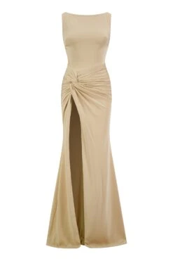 Kehlani Boat Neck Knot Slit Beige Gown -A L’Amour The Label kehlani gm