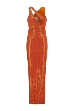 Mara Deep Plunge Sequins Orange Gown -A L’Amour The Label mara 1 gm
